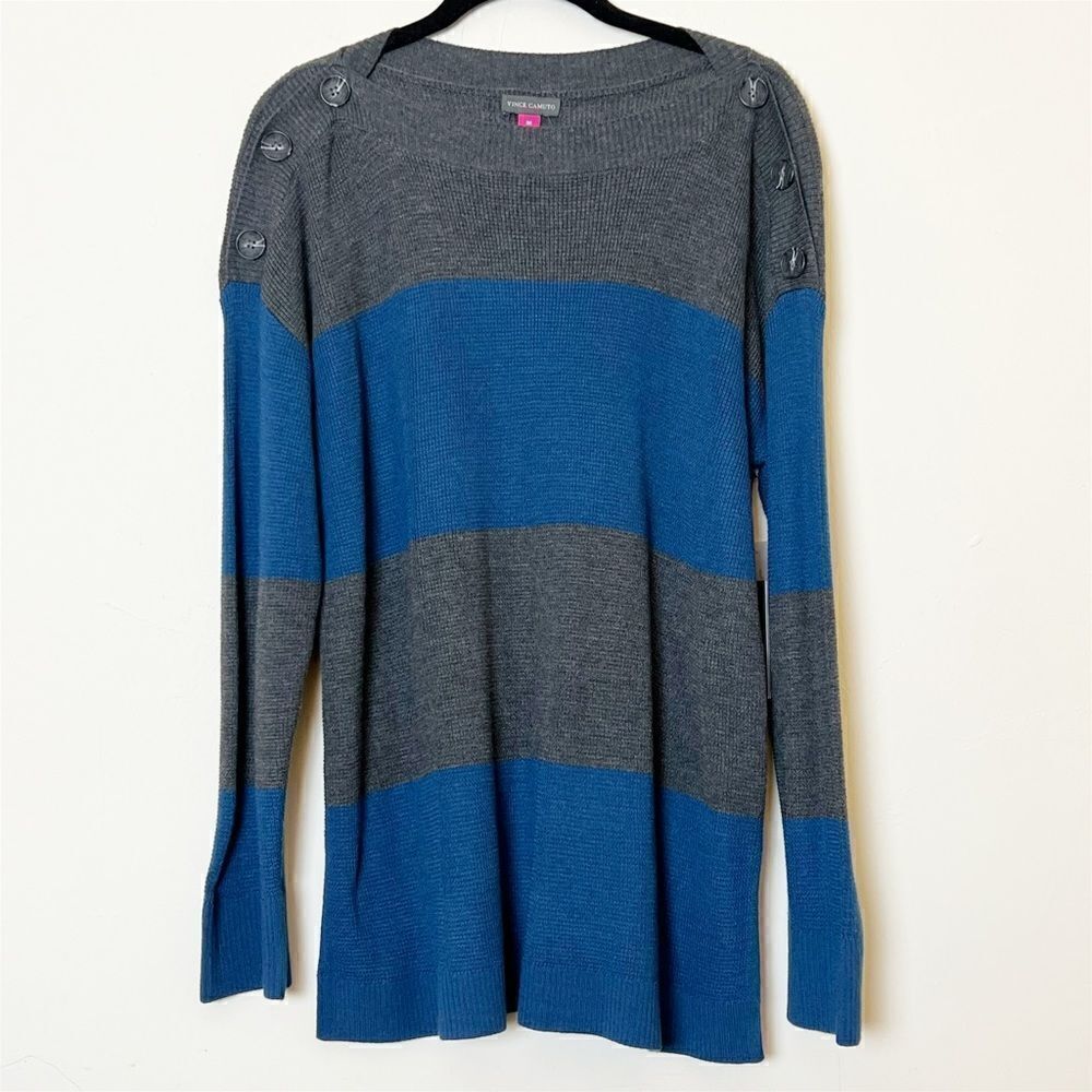 Vince Camuto Button Shoulder Stripe Pullover Top, Cool Dusk Size Medium